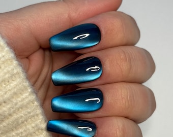 Blue Cat Eye Press On Nails: Deep Teal Shimmer Mixed Shape Set
