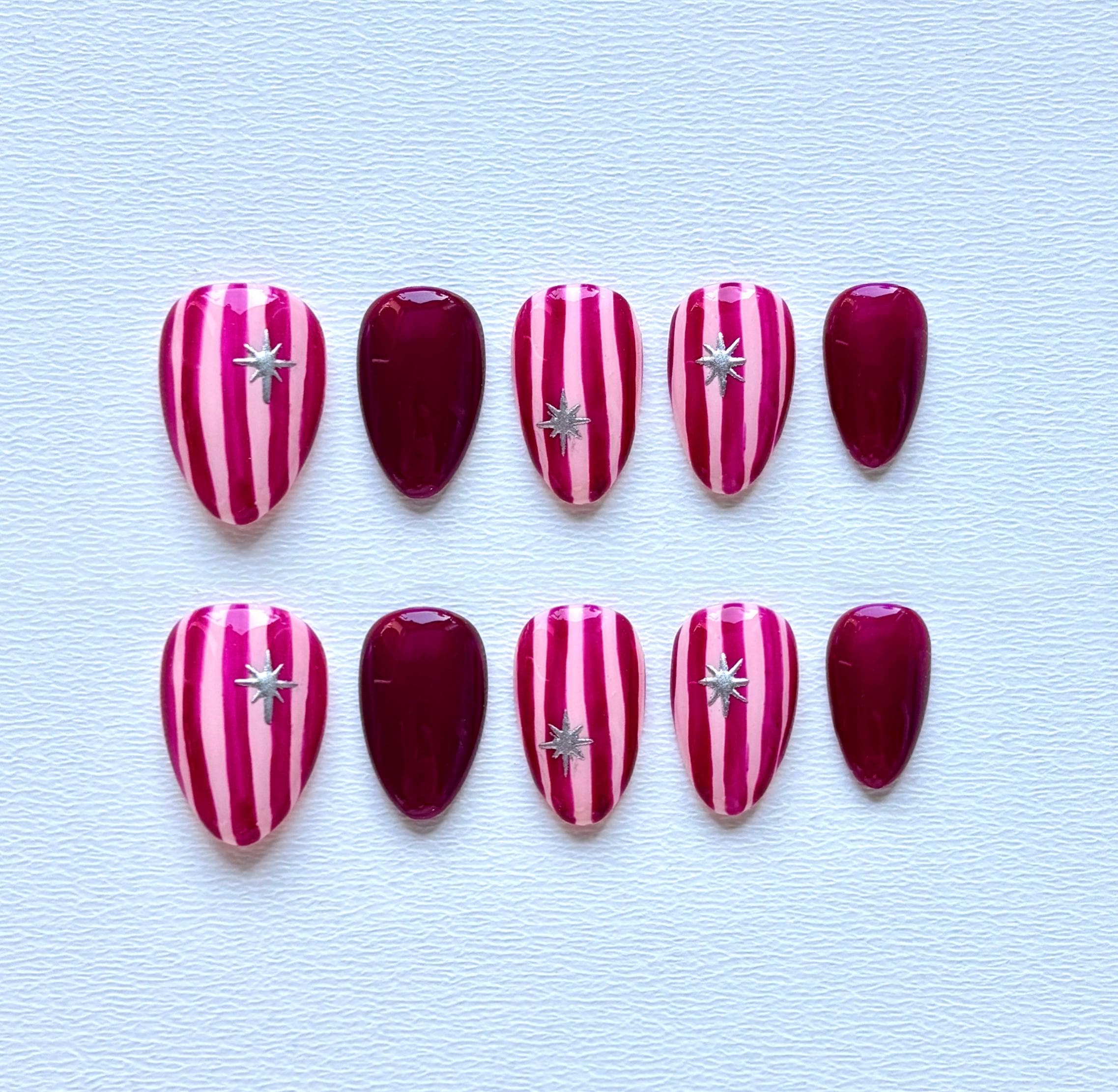Sparkly Chrome Star Press On Nails: Burgundy Pink Stripe Short Almond Set