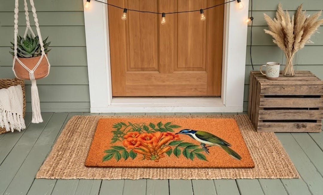Hummingbird Welcome Mat Hummingbird and Trumpet Vine Door Mat Orange Floral Decorative Coir ...