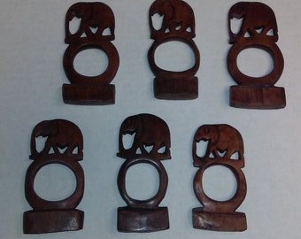 Vintage Hand Carved Wooden Elephant Napkin Rings