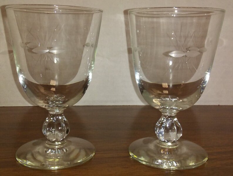 Set of 2 Glassware Vintage Etched Libbey Starglow Pattern Water GobletGlasses Barware Stemware