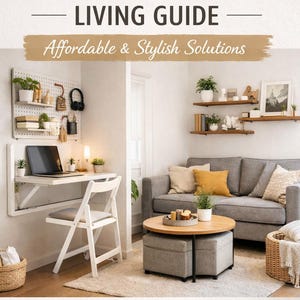 May include: Interior shot of a living room with a grey sofa, wooden shelves, and a small desk. The image features the text "SMALL SPACE LIVING GUIDE" and "Affordable & Stylish Solutions". Includes a folding chair, laptop, and plants.