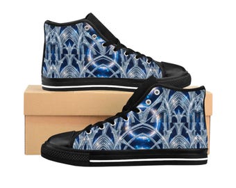 Blue Gothic Arch Pattern High Top Sneakers | Cathedral Inspired Design