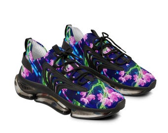 Electric Cherry Blossom Men's Mesh Sneakers | Abstract Glow Flower Design