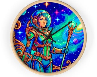 Cosmic Astronaut Woman Wall Clock | Space Mage Illustration