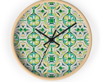 Floral Emerald Wood Wall Clock, Silent Mechanism, 10"