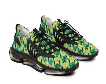 Green Floral Geometric Pattern Men's Mesh Sneakers | Lightweight Athletic Shoes