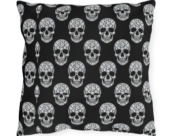 Diamond Skull Pattern Outdoor Pillow | Black Rhinestone Skull Cushion