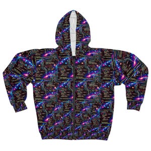 May include: A full-zip hooded sweatshirt with a vibrant, all-over print. The design features a complex pattern of circuit board elements, code, and cosmic imagery in shades of blue, purple, and pink against a black background. The hood is lined with white fabric.