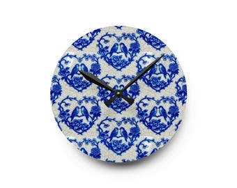 Blue Delft Heart Birds acrylic wall clock | Dutch tile inspired kitchen decor