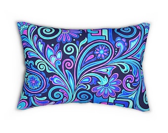 Blue Purple Paisley Swirl Lumbar Pillow | Floral Boho Accent