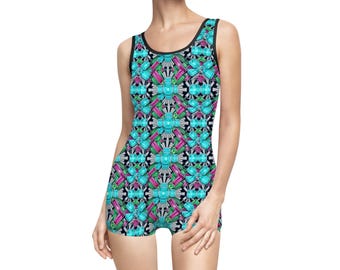 Aqua Teal Floral Geometric Pattern Swimsuit | Vintage One-Piece