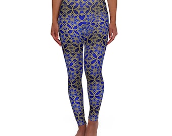 Blue Gold Moroccan Tile Leggings High Waisted Yoga Leggings | Geometric Floral Pattern