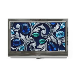 Blue Gemstone Filigree Business Card Holder | Jewel Scroll Pattern