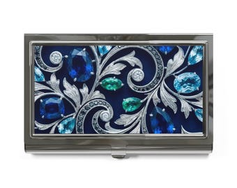 Tarjetero con filigrana de piedras preciosas azules / Patrón de pergamino de joyas