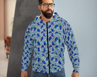 Blue Teardrop Paisley Zip Hoodie | All-Over Print