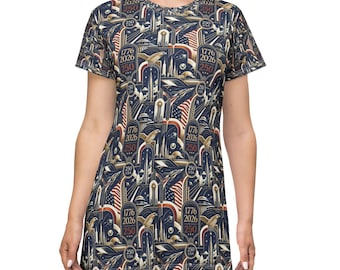 1776-2026 Patriotic Eagle Flag T-Shirt Dress | American Independence Pattern