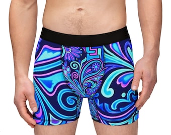 Blue Paisley Swirl Men's Boxers | Neon Floral Pattern