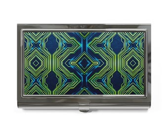 Geometric Neon Maze Business Card Holder | Green Blue Abstract Pattern