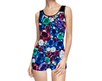 Edelstein Muster Badeanzug | Vintage Jewel Print Einteiler