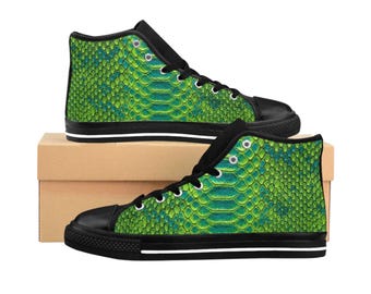 Green Snake Scale Pattern Sneakers | High Top Shoes