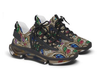 Jeweled Paisley Pattern Women's Mesh Sneakers | Gemstone Motif Athletic Shoes