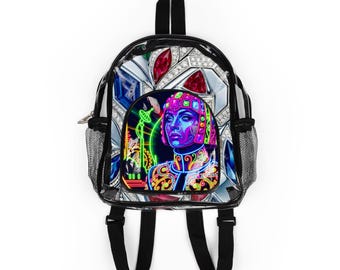 Neon Cyberpunk Porträt Klar Stadion Rucksack | Transparente Rave Festival Tasche