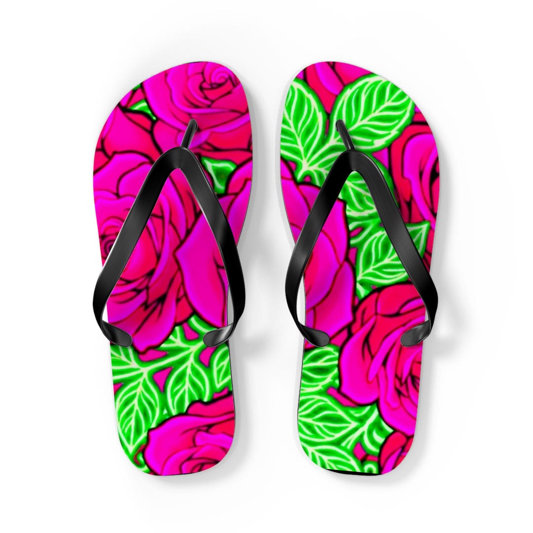 Hot Pink Rose Pattern Flip Flops | Floral Beach Sandals - Etsy