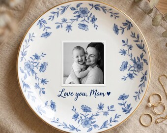 Personalized Mom Photo Jewelry Tray, Custom Toile De Jouy Mom Photo Ring Dish, Mothers Day Gift From Daughter, Portrait From Photo Keepsake