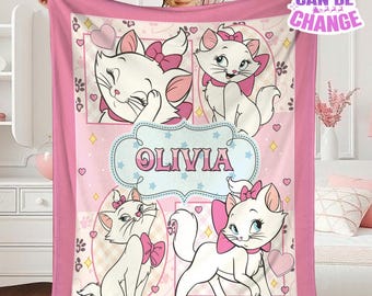 Custom Name Marie The Aristocats Blanket, Coquette Bow Fleece Blanket, Cat Lover Bed Couch Sofa Throw, Disneyland Birthday Gift, Home Gift