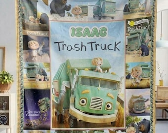 Personalized Trash Truck Name Blanket, Kids Cartoon Fleece Throw, Birthday Gift, Bed Couch Sofa Blanket Gift, Christmas Gift For Kids