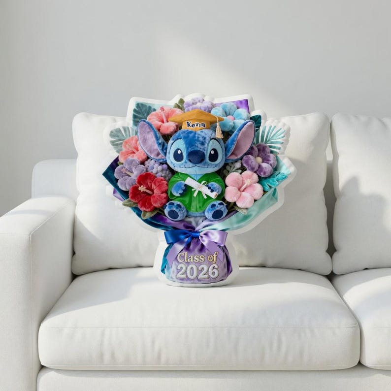 Personalized Graduation Pillow, Custom Name James Class of 2026 Gift, Cute Stitch Plush Bouquet, Graduation Gift for Kids, Keepsake Gift image 2