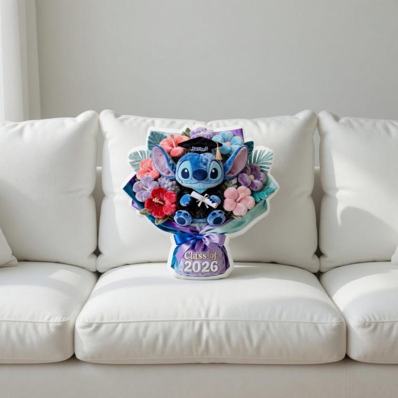 Personalized Graduation Pillow, Custom Name James Class of 2026 Gift, Cute Stitch Plush Bouquet, Graduation Gift for Kids, Keepsake Gift image 4