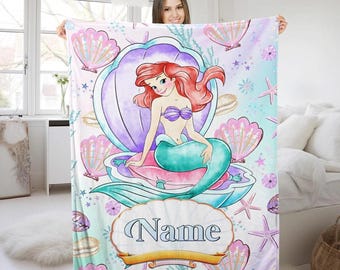 Custom The Little Mermaid Ariel Blanket, Disneyland Princess Mermaid Fleece Throw, Under the Sea Birthday Nursery Gift,Baby Birthday Blanket