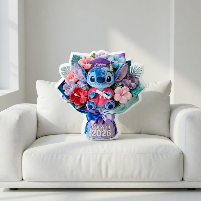 Personalized Graduation Pillow, Custom Name James Class of 2026 Gift, Cute Stitch Plush Bouquet, Graduation Gift for Kids, Keepsake Gift image 3