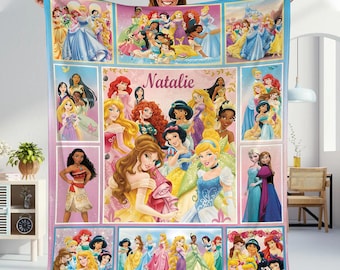 Custom Name Disneyland Princess Blanket, Personalized Princess Fleece Throw, Castle Fairies Sherpa Blanket, Girls Birthday Nursery Gift
