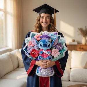 Personalized Graduation Pillow, Custom Name James Class of 2026 Gift, Cute Stitch Plush Bouquet, Graduation Gift for Kids, Keepsake Gift image 1