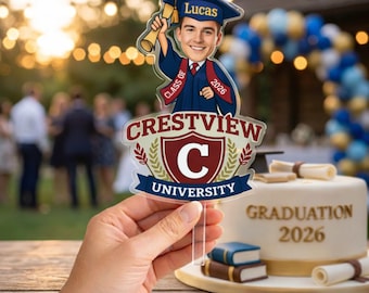 Custom Graduation Acrylic Cake Topper 2026, Personalized Image Logo School Grad Cake Topper, Class of 2026 Party Decor, High School Graduate