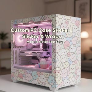 May include: A custom PC case with stickers and wraps. The case is white with a pastel pattern of cartoon characters. The text on the case reads "Custom PC Case Stickers Slicker & Wraps Made to Match Your Setup."