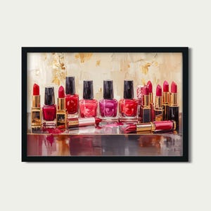 May include: A collection of red and pink lipsticks and nail polish bottles arranged on a reflective surface. The lipsticks are in gold and black tubes, and the nail polish bottles have black caps. The background is a textured, golden color.