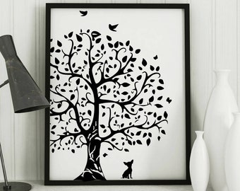 Chihuahua Art Print, dog lover gift Chihuahua, Tree, Modern Wall Decor, gift, black and white