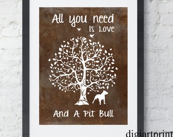 Modern Pitbull Dog Art Print, Pitbull Silhouette, Modern Wall Decor, Pitbull Gift, tree and dog, distressed background