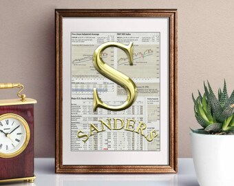 Letter Art Print, Personalized Initial,  Name,  Stock Market, Wall Street, Co worker gift, Gift, gift for boss, office decor