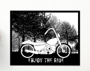 Motorcycle gift for men, art print, scenic, enjoy the ride quote, gift, cross country, wall decor, black and white modern art