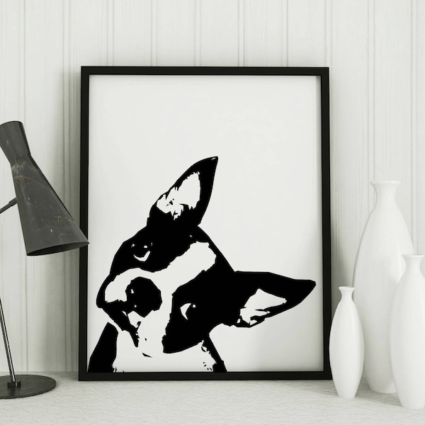 Boston Terrier Art Print, Wall decor, pet lover gift, Boston Terrier Silhouette, Modern, black and white, dog