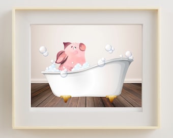Pig in tub art print, pig lovers' gift, pig poster, bathroom wall decor