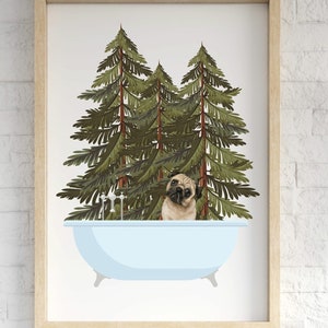Pug Art Print, bathroom wall decor, dog in tub, funny dog lover gift