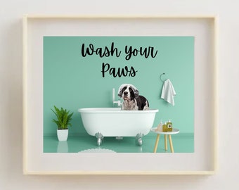 English Springer Spaniel art print, funny dog artwork, poster wall decor, dog in tub, dog bath