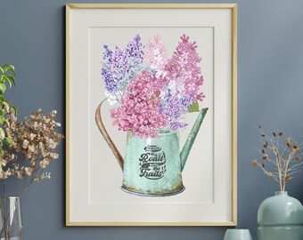 Wildflowers art print, farmhouse print, cabin print, happy nature print, lilac print, baby breath art, country wall decor, water can