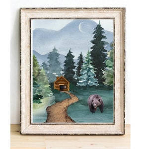 Bear and cabin watercolor art print illustration, wall decor, cabin decor, pine trees, bear with mountains